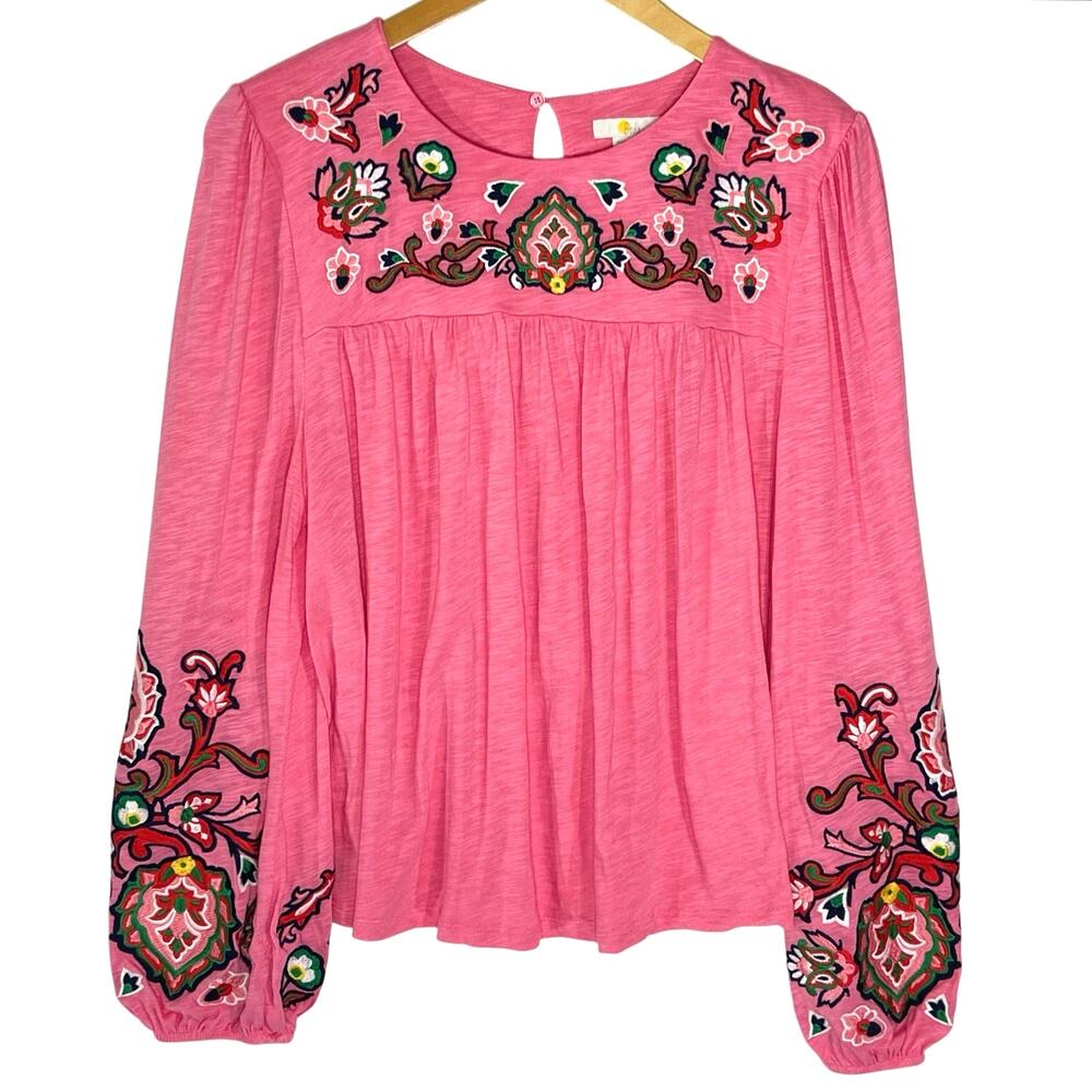 Boden Pink Embroidered Long-Sleeve Peasant Top 14 L / XL